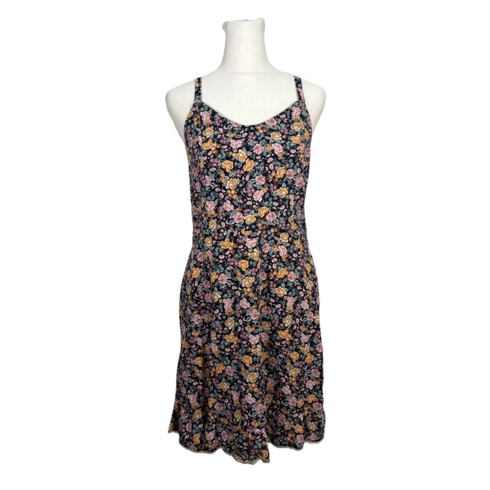 Old Navy Linen Mini Dress Size M Dark Floral Feminine Cottage Shirred Sundress